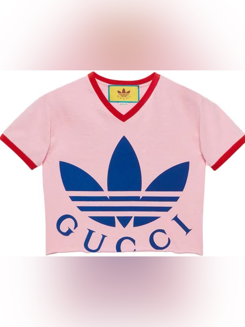 Gucci x Adidas Originals Logo Geometric Print Pink Crop T-Shirt - Picture 2 of 8